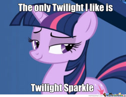 Size: 640x492 | Tagged: safe, edit, edited screencap, imported from derpibooru, screencap, twilight sparkle, pony, unicorn, artifact, caption, female, image macro, impact font, meme, memecenter, smiling, solo, text, twilight (series), unicorn twilight, watermark