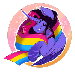 Size: 2312x2244 | Tagged: safe, artist:shamy-crist, imported from derpibooru, oc, oc:shamy, alicorn, pony, ear fluff, eyes closed, female, flag, flower, horn, mare, multicolored hair, multicolored mane, pansexual, pansexual pride flag, pride, pride flag, smiling, solo, wings