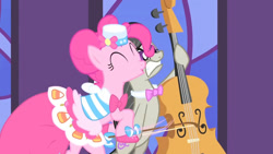 Size: 1280x720 | Tagged: safe, imported from derpibooru, screencap, octavia melody, pinkie pie, earth pony, pony, season 1, the best night ever, bipedal, bow (instrument), cello, cello bow, clothes, dress, duo, duo female, eyes closed, female, gala dress, mare, musical instrument, shocked, shocked expression, standing on two hooves