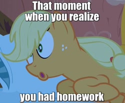 Size: 500x414 | Tagged: safe, edit, edited screencap, imported from derpibooru, screencap, applejack, earth pony, pony, look before you sleep, bed, caption, faic, female, hatless, homework, image macro, impact font, meme, missing accessory, pillow, realization, solo, text, uh oh, wide eyes