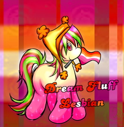 Size: 1214x1249 | Tagged: safe, artist:xxitachiuchihaloverxx, imported from derpibooru, oc, oc:dream fluff, female, flag, lesbian, lesbian pride flag, looking at you, object in mouth, pride, pride flag, simple background, smiling, standing, text