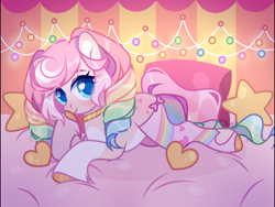 Size: 2160x1620 | Tagged: safe, artist:fenix-artist, imported from derpibooru, oc, oc only, earth pony, pony, bow, clothes, coat markings, commission, curly hair, curly mane, cute, ear fluff, earth pony oc, female, freckles, gold, heart, heart pillow, jewelry, lying down, mare, multicolored hair, necklace, pillow, prone, rainbow hair, smiling, socks, socks (coat markings), solo, stars, striped socks, unshorn fetlocks, ych result