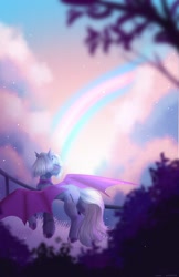 Size: 1296x2000 | Tagged: safe, artist:muna_munaaa_, imported from derpibooru, oc, oc only, bat pony, pony, bat pony oc, bush, chains, choker, cloud, ear piercing, earring, female, jewelry, mare, piercing, pride, pride flag, rainbow, solo, spread wings, trans female, transgender, transgender pride flag, tree, wings