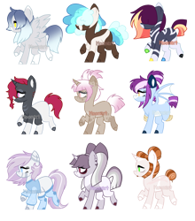 Size: 1585x1800 | Tagged: safe, artist:moonert, imported from derpibooru, oc, oc only, bat pony, earth pony, pegasus, pony, unicorn, base used, bat pony oc, bat wings, earth pony oc, female, hair over eyes, horn, male, mare, pegasus oc, simple background, stallion, transparent background, unicorn oc, wings