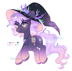 Size: 2136x2097 | Tagged: safe, artist:whohwo, imported from derpibooru, oc, oc only, earth pony, pony, belt, earth pony oc, eyelashes, flower, flower in hair, gem, gradient legs, hat, jewelry, necklace, potions, simple background, smiling, solo, white background, witch hat