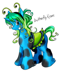 Size: 565x666 | Tagged: safe, artist:xxitachiuchihaloverxx, imported from derpibooru, oc, oc only, oc:butterfly kisses, coat markings, curls, fetlock tuft, gradient mane, looking at you, pinto, saddle, simple background, solo, tack, text, white background