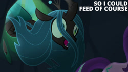 Size: 1280x720 | Tagged: safe, edit, edited screencap, editor:quoterific, imported from derpibooru, screencap, queen chrysalis, starlight glimmer, changeling, pony, unicorn, season 6, to where and back again, female, mare, offscreen character, open mouth, open smile, smiling, solo focus, text