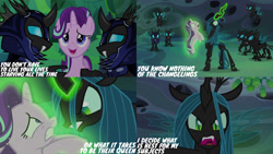 Size: 1280x720 | Tagged: safe, edit, edited screencap, editor:quoterific, imported from derpibooru, screencap, queen chrysalis, starlight glimmer, changeling, pony, unicorn, season 6, to where and back again, duo focus, female, male, mare, open mouth, open smile, smiling, text