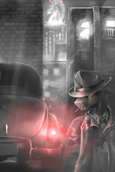 Size: 2500x3750 | Tagged: safe, artist:richmay, imported from derpibooru, oc, changeling, black and white, building, car, changeling oc, city, clothes, crystaller building, grayscale, high res, manehattan, monochrome, noir, rain, smoking