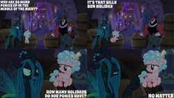 Size: 1280x720 | Tagged: safe, edit, edited screencap, editor:quoterific, imported from derpibooru, screencap, cozy glow, lord tirek, queen chrysalis, centaur, changeling, pegasus, pony, taur, season 9, the summer sun setback, spoiler:s09, eyes closed, female, filly, flying, foal, male, open mouth, spread wings, text, trio, wings