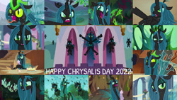 Size: 1280x721 | Tagged: safe, edit, edited screencap, editor:quoterific, imported from derpibooru, screencap, cozy glow, queen chrysalis, changeling, changeling queen, pegasus, pony, a canterlot wedding, frenemies (episode), season 2, season 5, season 6, season 8, season 9, the beginning of the end, the cutie re-mark, the ending of the end, the mean 6, to where and back again, spoiler:s08, spoiler:s09, chrysalis day, cupcake, female, filly, flying, foal, food, grin, male, open mouth, open smile, smiling, spread wings, text, ultimate chrysalis, wings