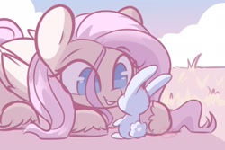 Size: 1800x1200 | Tagged: safe, artist:sakukitty, imported from derpibooru, angel bunny, fluttershy, pegasus, pony, rabbit, angelbetes, animal, crouching, cute, female, folded wings, grass, looking at each other, looking at someone, mare, no pupils, outdoors, shyabetes, smiling, solo, stray strand, sweet dreams fuel, unshorn fetlocks, wings
