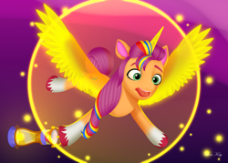 Size: 3500x2500 | Tagged: safe, artist:leonkay, imported from derpibooru, sunny starscout, alicorn, pony, artificial horn, artificial wings, augmented, female, force field, g5, horn, lantern, magic, magic horn, magic wings, mane stripe sunny, mare, my little pony: make your mark, race swap, scene interpretation, solo, sunnycorn, wings