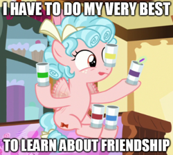 Size: 443x399 | Tagged: safe, artist:thed0bermans, edit, edited screencap, imported from derpibooru, screencap, cozy glow, pegasus, pony, marks for effort, caption, female, filly, flying, foal, food, image macro, sprinkles, sugarcube corner, text, tin can