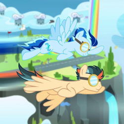 Size: 750x750 | Tagged: safe, imported from derpibooru, oc, oc:turbo swifter, pegasus, pony, wonderbolts academy, cloudsdale, collaboration, female, flying, g4, male, mare, not shipping, pegasus oc, speed trail, stallion