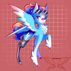 Size: 1489x1497 | Tagged: safe, artist:imonly5feet, imported from derpibooru, rainbow dash, pegasus, pony, alternate cutie mark, alternate design, amputee, aviator goggles, bandaid, bow, chest fluff, coat markings, ear piercing, eyebrow piercing, female, four wings, goggles, hair bow, lesbian pride flag, mare, multiple wings, piercing, pride, pride flag, prosthetic leg, prosthetic limb, prosthetics, raised hoof, scar, solo, unshorn fetlocks, wings