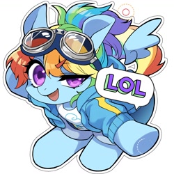 Size: 1102x1102 | Tagged: safe, artist:zakro, imported from derpibooru, kotobukiya, rainbow dash, pegasus, pony, clothes, cute, dashabetes, goggles, jacket, kotobukiya rainbow dash, lol, ponytail, shorts