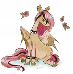 Size: 2012x2048 | Tagged: safe, artist:runkpori, imported from derpibooru, fluttershy, bat pony, pony, bat ponified, choker, dyed mane, dyed tail, ear piercing, earring, emo, emoshy, female, flower, flutterbat, hybrid wings, jewelry, mare, piercing, race swap, sitting, solo, spiked choker, spiked wristband, tail, unshorn fetlocks, wings, wristband