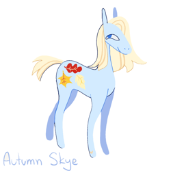 Size: 640x640 | Tagged: safe, artist:skyefal, imported from derpibooru, autumn skye, earth pony, pony, autumn, blonde hair, blue coat, blue eyes, g3, leaves, short tail, simple background, solo, tail, tall, white background