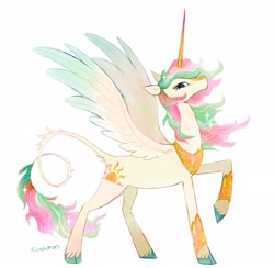 Size: 2048x1995 | Tagged: safe, artist:runkpori, imported from derpibooru, princess celestia, alicorn, pony, alternate cutie mark, alternate design, chanfron, colored wings, ethereal mane, female, greaves, helmet, leonine tail, peytral, raised hoof, simple background, solo, starry mane, starry tail, tail, unshorn fetlocks, white background, wings