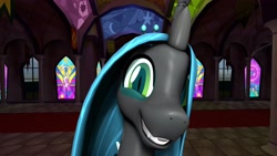 Size: 3840x2160 | Tagged: safe, artist:wissle, imported from derpibooru, queen chrysalis, changeling, changeling queen, 3d, canterlot castle, chrysalis day, cute, cutealis, female, grin, looking at you, selfie, smiling, smiling at you, solo, source filmmaker, teeth, throne room