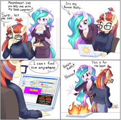 Size: 1604x1588 | Tagged: safe, artist:dstears, imported from derpibooru, moondancer, princess celestia, alicorn, anthro, unicorn, 4 panel comic, bonzi buddy, breasts, busty moondancer, busty princess celestia, clothes, comic, computer, computer virus, crying, cute, cutelestia, fire, funny, glasses, homestar runner, internet explorer, laptop computer, lighter, open mouth, reference, sad, sadorable, skirt, speech bubble, tech support, this will end in tears, this will not end well, toolbar, virus