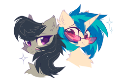 Size: 1224x832 | Tagged: safe, artist:mirtash, imported from derpibooru, dj pon-3, octavia melody, vinyl scratch, earth pony, pony, unicorn, bisexual pride flag, chest fluff, cute, demisexual pride flag, duo, ear fluff, face paint, female, fluffy, lesbian, mare, pride, pride flag, pride month, scratchtavia, shipping, simple background, tavibetes, vinyl's glasses, vinylbetes, white background