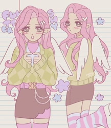 Size: 1080x1244 | Tagged: safe, artist:meltingjelly, imported from derpibooru, fluttershy, human, :o, ass, belt, butt, clothes, ear piercing, earring, elf ears, female, hairclip, humanized, jewelry, looking at you, looking back, looking back at you, miniskirt, open mouth, piercing, self paradox, shoes, skirt, socks, striped socks, sweater, thigh highs, winged humanization, wings, zettai ryouiki