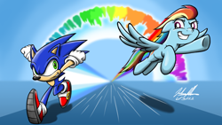 Size: 1280x720 | Tagged: safe, artist:soulsliver249, imported from derpibooru, rainbow dash, anthro, hedgehog, pegasus, pony, clothes, crossover, duo, female, flying, looking at each other, looking at someone, male, mare, rainbow trail, running, shoes, sonic rainboom, sonic the hedgehog, sonic the hedgehog (series)