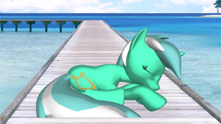 Size: 1366x768 | Tagged: artist needed, source needed, safe, imported from derpibooru, lyra heartstrings, pony, unicorn, 3d, bridge, day, daytime, female, looking right, ocean, palm tree, pier, png, sleeping, solo, tree, turquoise skin, water