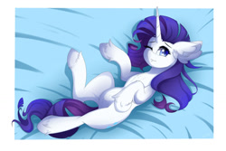 Size: 1280x854 | Tagged: safe, artist:natanvok, imported from derpibooru, rarity, pony, unicorn, bed, chest fluff, ear fluff, female, fluffy, looking sideways, lying down, mare, one eye closed, raised hoof, smiling, solo, unshorn fetlocks