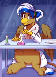 Size: 1300x1773 | Tagged: safe, artist:shadowreindeer, imported from derpibooru, oc, oc:animatedpony, griffon, beaker, clothes, commission, female, implied transformation, lab coat, laboratory, looking at you, ponytail, solo, table