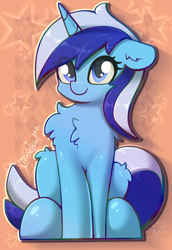 Size: 876x1276 | Tagged: safe, artist:llametsul, imported from derpibooru, minuette, pony, unicorn, abstract background, chest fluff, cute, ear fluff, female, floppy ears, fluffy, leg fluff, looking at you, mare, minubetes, sitting, smiling, solo