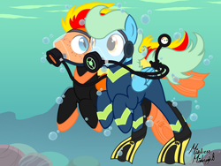 Size: 2360x1777 | Tagged: safe, artist:mistress midnight, artist:mommymidday, imported from derpibooru, oc, oc only, oc:fireheart(fire), oc:sea glow, hybrid, pegasus, pony, air tank, dive mask, duo, flippers (gear), full face mask, goggles, pegabat, scuba gear, show accurate, underwater, wetsuit