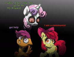 Size: 1959x1512 | Tagged: safe, artist:lucherik, imported from derpibooru, apple bloom, scootaloo, sweetie belle, earth pony, pegasus, pony, robot, robot pony, unicorn, communism, cutie mark crusaders, female, filly, foal, ponymagnets, sweetie bot, text, trio, wat