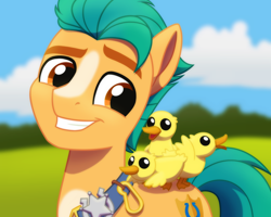 Size: 2560x2048 | Tagged: safe, artist:whitequartztheartist, imported from derpibooru, hitch trailblazer, bird, duck, earth pony, pony, animal, duckling, g5, male, simple background, smiling, solo, stallion