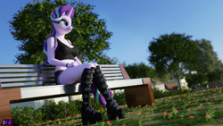 Size: 3840x2160 | Tagged: safe, artist:shadowboltsfm, imported from derpibooru, starlight glimmer, anthro, plantigrade anthro, 3d, 4k, bench, blender, bra, bracelet, breasts, clothes, crop top bra, female, high res, jewelry, not sfm, platform boots, shorts, sitting, solo, underwear