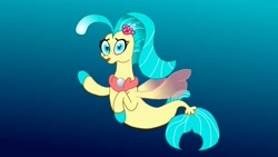 Size: 3264x1836 | Tagged: safe, artist:the double u, imported from derpibooru, princess skystar, seapony (g4), my little pony: the movie, blue background, female, fins, gradient background, ocean, simple background, smiling, solo, underwater, water, waving at you