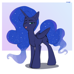 Size: 3000x3000 | Tagged: safe, artist:kirasunnight, imported from derpibooru, princess luna, alicorn, pony, :p, cute, female, folded wings, full body, high res, hooves, horn, lidded eyes, lunabetes, mare, shadow, signature, solo, standing, tail, tongue out, wings