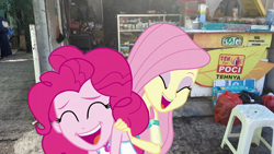 Size: 1920x1080 | Tagged: safe, artist:rarityvrymercollectiveoriginals, imported from derpibooru, fluttershy, pinkie pie, human, equestria girls, equestria girls series, rollercoaster of friendship, geode of fauna, geode of sugar bombs, irl, magical geodes, photo