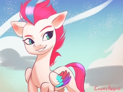 Size: 1739x1304 | Tagged: safe, artist:cosmickelpie, imported from derpibooru, zipp storm, pegasus, pony, cloud, female, g5, mare, sky, slim, smiling, solo, thin