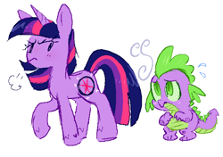 Size: 1326x932 | Tagged: safe, artist:cutiesparke, imported from derpibooru, spike, twilight sparkle, dragon, pony, unicorn, alternate cutie mark, baby, baby dragon, duo, female, frown, lightly watermarked, looking at each other, looking at someone, male, nervous, raised hoof, sad, simple background, sweat, sweatdrop, unicorn twilight, watermark, white background