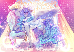 Size: 2800x1969 | Tagged: safe, artist:bunnari, imported from derpibooru, oc, oc only, oc:prince plushy soft, alicorn, pony, alicorn oc, cape, clothes, crepuscular rays, fancy, fluffy, horn, indoors, looking at you, partially open wings, pastel, pretty, prince, soft, solo, sparkles, standing, throne, wings