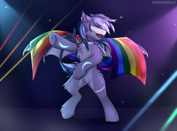 Size: 3600x2660 | Tagged: safe, artist:snowstormbat, imported from derpibooru, oc, oc only, oc:midnight snowstorm, bat pony, pony, bipedal, bodypaint, dancing, fluffy, male, nightclub, party, pride, pride flag, rave, smiling, solo, stallion