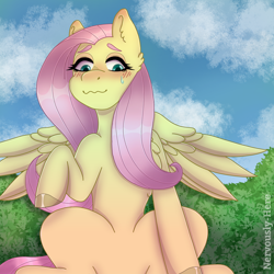 Size: 1280x1280 | Tagged: safe, artist:nervouslyhere, imported from derpibooru, fluttershy, pegasus, pony, blushing, chest fluff, colored hooves, female, looking at you, looking down, mare, outdoors, raised hoof, sitting, solo, spread wings, wavy mouth, wings