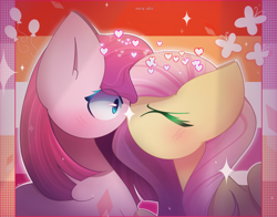 Size: 2800x2200 | Tagged: safe, artist:miryelis, imported from derpibooru, fluttershy, pinkie pie, earth pony, pegasus, pony, big ears, blushing, cute, female, flag, flutterpie, heart, impossibly large ears, kissing, lesbian, lesbian pride flag, long hair, pinkamena diane pie, pride, pride flag, shipping, shy