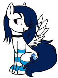 Size: 5000x6772 | Tagged: safe, artist:littlenaughtypony, artist:sassysvczka, imported from derpibooru, oc, oc only, oc:sassysvczka, pegasus, pony, ashamed, clothes, collar, female, hair over one eye, mane, mare, pegasus oc, pet tag, simple background, sitting, smiling, socks, spread wings, stockings, striped socks, tail, teeth, thigh highs, transparent background, wings