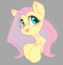 Size: 1013x1048 | Tagged: safe, artist:melodylibris, imported from derpibooru, fluttershy, pegasus, pony, :p, blushing, bust, colored pupils, cute, female, gray background, looking away, looking sideways, mare, shyabetes, silly, simple background, solo, sparkles, three quarter view, tongue out