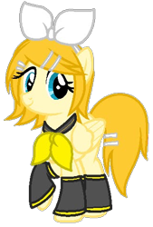 Size: 323x478 | Tagged: safe, artist:pagiepoppie12345, imported from derpibooru, pegasus, pony, anime, bow, clothes, crossover, cute, female, hair bow, kagamine rin, mare, ponified, simple background, smiling, transparent background, vocaloid, wings