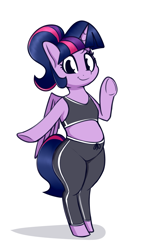 Size: 1887x3240 | Tagged: safe, artist:andelai, imported from derpibooru, twilight sparkle, alicorn, pony, semi-anthro, alternate hairstyle, bipedal, bra, bra on pony, chubby, clothes, female, plump, ponytail, simple background, solo, sports, sports bra, standing, twilight sparkle (alicorn), underwear, white background